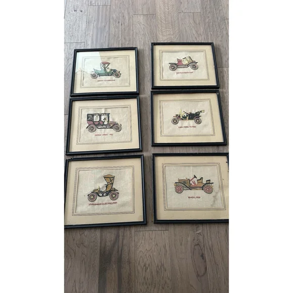 6 VINTAGE COMPLETED EMBROIDERY Antique Cars Framed Old Frames - Picture 2 of 9